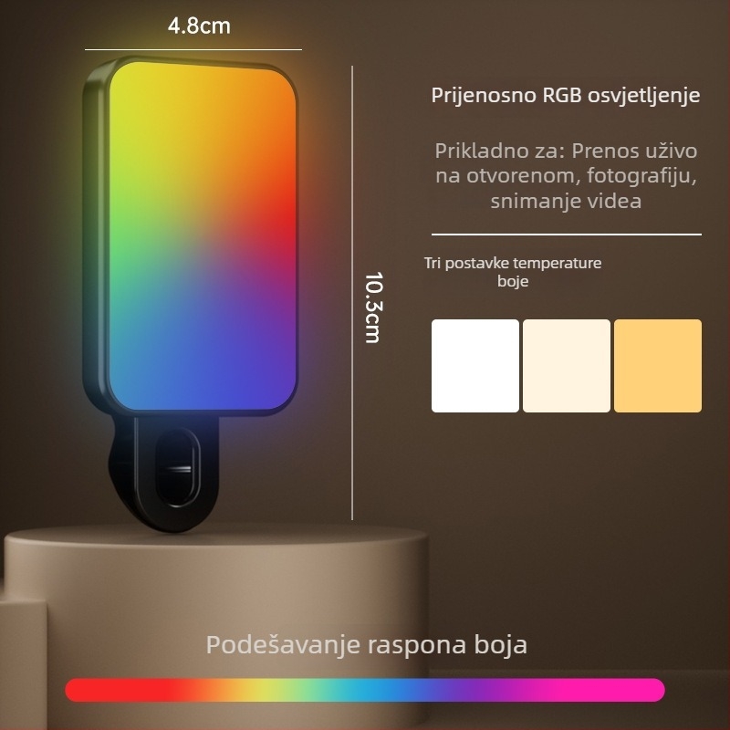 Kompaktna svjetlost za telefon – za selfije, snimanje videa i vanjske uvjete – 4,8W, 2700–3500K topla svjetlost, 3 boje temperature, ručno držanje, model Bgd-dy