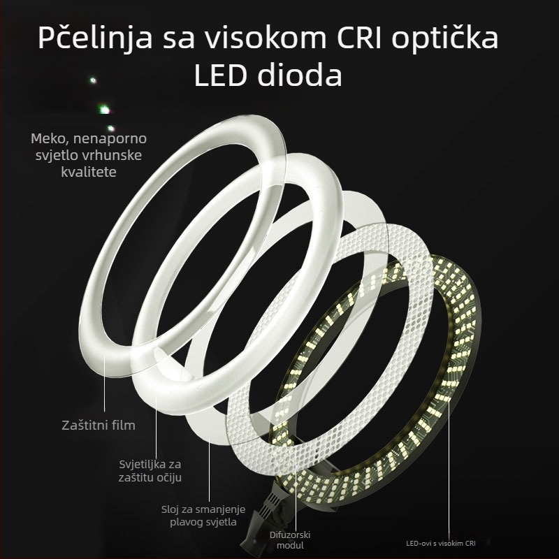 Podna kružna LED svjetiljka za live streaming sa držačem za telefon, LED 55–65W, 220V, prilagodljiva svjetlost