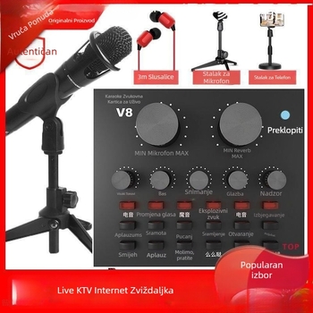 V8 set zvučne kartice za prijenos uživo — Bežični karaoke mikrofon, Bluetooth 3.0, ugrađena baterija 300–500 mAh, trajanje baterije 3–6 sati