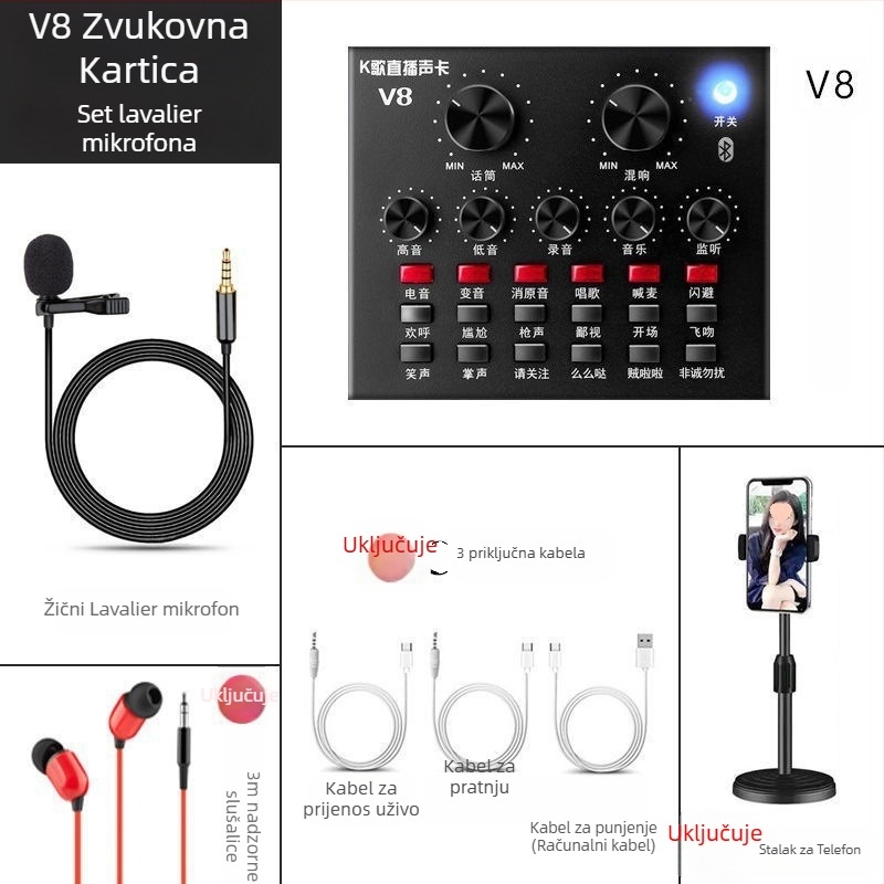 V8 set zvučne kartice za prijenos uživo — Bežični karaoke mikrofon, Bluetooth 3.0, ugrađena baterija 300–500 mAh, trajanje baterije 3–6 sati