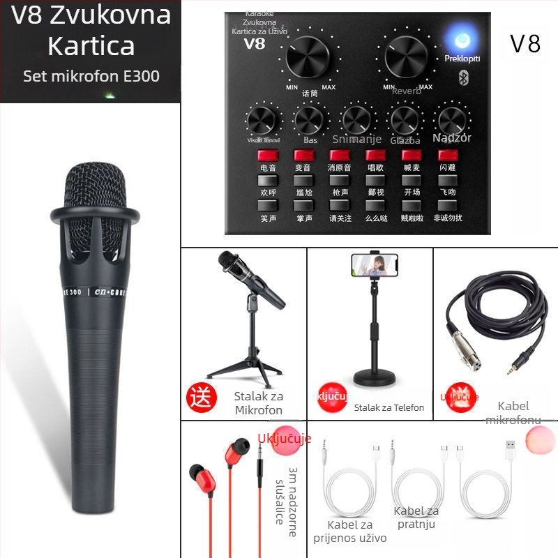 V8 set zvučne kartice za prijenos uživo — Bežični karaoke mikrofon, Bluetooth 3.0, ugrađena baterija 300–500 mAh, trajanje baterije 3–6 sati