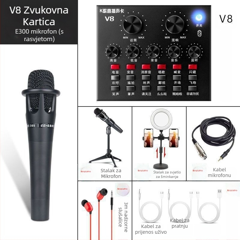 V8 set zvučne kartice za prijenos uživo — Bežični karaoke mikrofon, Bluetooth 3.0, ugrađena baterija 300–500 mAh, trajanje baterije 3–6 sati