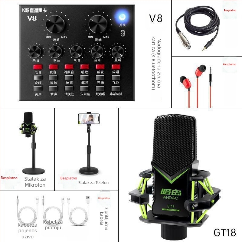 V8 set zvučne kartice za prijenos uživo — Bežični karaoke mikrofon, Bluetooth 3.0, ugrađena baterija 300–500 mAh, trajanje baterije 3–6 sati