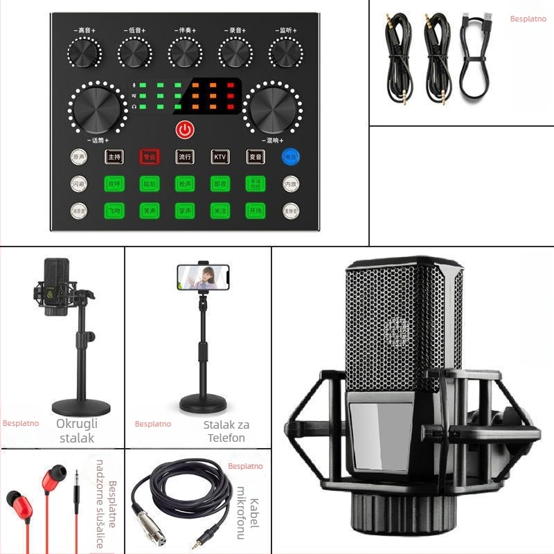 V8 set zvučne kartice za prijenos uživo — Bežični karaoke mikrofon, Bluetooth 3.0, ugrađena baterija 300–500 mAh, trajanje baterije 3–6 sati