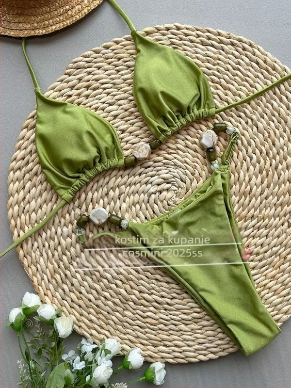 Bikini set s pletenim dugim cover-om za plažu, gornji dio s ojačalom bez podstave, poliester s podstavom, jednobojni dizajn, bez rukava