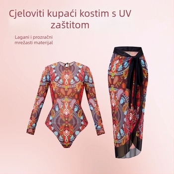 Ženski jednodijelni kupaći kostim s dugim rukavima, brzo sušeći poliester, otisak, jastučić za prsni koš
