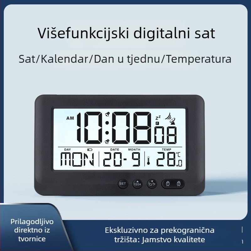 Radiokontrolirani LCD budilica s termometrom, vječni kalendar i alarmom