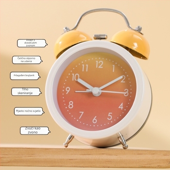 Mimidu stolni budilnik za učenike — analogni prikaz s brojevima, napajanje baterijom, glatko kretanje sekundne kazaljke, alarm i funkcija tišine