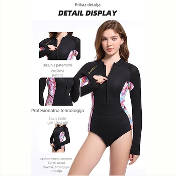 Ženski potapljački wetsuit 1.5–3 mm, jednodijelni, dugi rukavi, kamuflažni uzorak, topao, zaštita od sunca