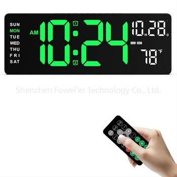 Zidni sat s LED prikazom, termometrom, vječnim kalendarom, alarmom i danom u tjednu; elektronički mehanizam, vanjsko napajanje