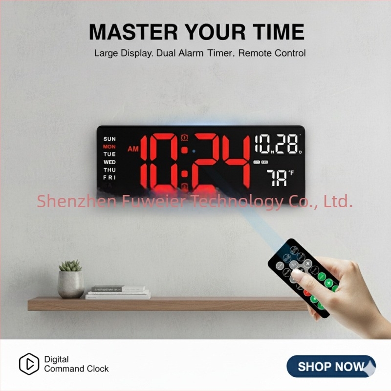 Zidni sat s LED prikazom, termometrom, vječnim kalendarom, alarmom i danom u tjednu; elektronički mehanizam, vanjsko napajanje