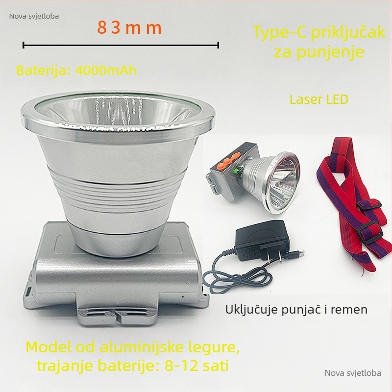 Napajana COB LED čelna lampа 12W, vodootporna, domet 50–100 m, baterija do 4800 mAh, uključena punjač