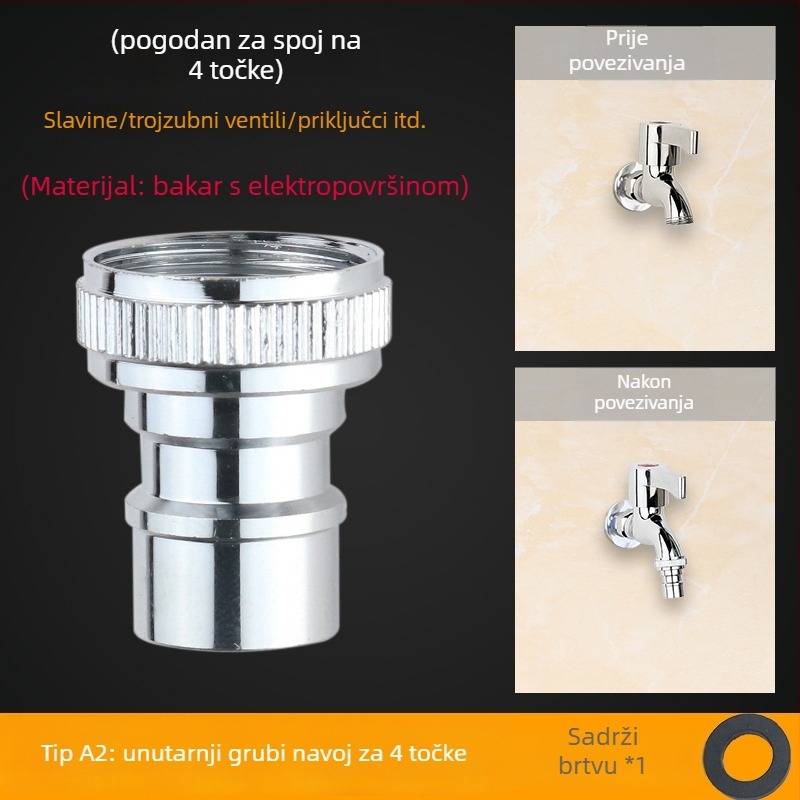 Adapter za dovod vode perilice, izrađen od čistog bakra, 4-uzlazna veza, keramički disk ventil, montaža ključem, model 985