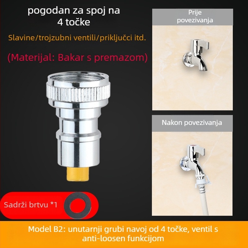 Adapter za dovod vode perilice, izrađen od čistog bakra, 4-uzlazna veza, keramički disk ventil, montaža ključem, model 985