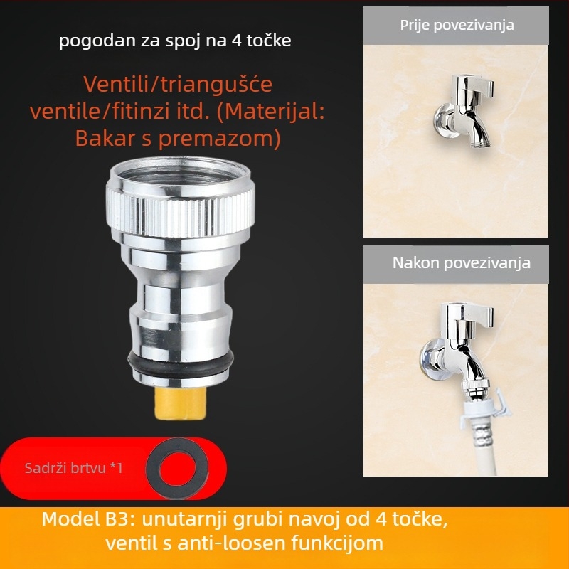 Adapter za dovod vode perilice, izrađen od čistog bakra, 4-uzlazna veza, keramički disk ventil, montaža ključem, model 985