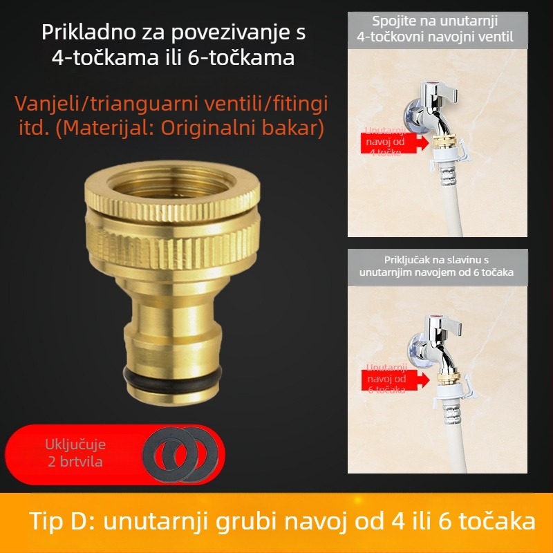 Adapter za dovod vode perilice, izrađen od čistog bakra, 4-uzlazna veza, keramički disk ventil, montaža ključem, model 985