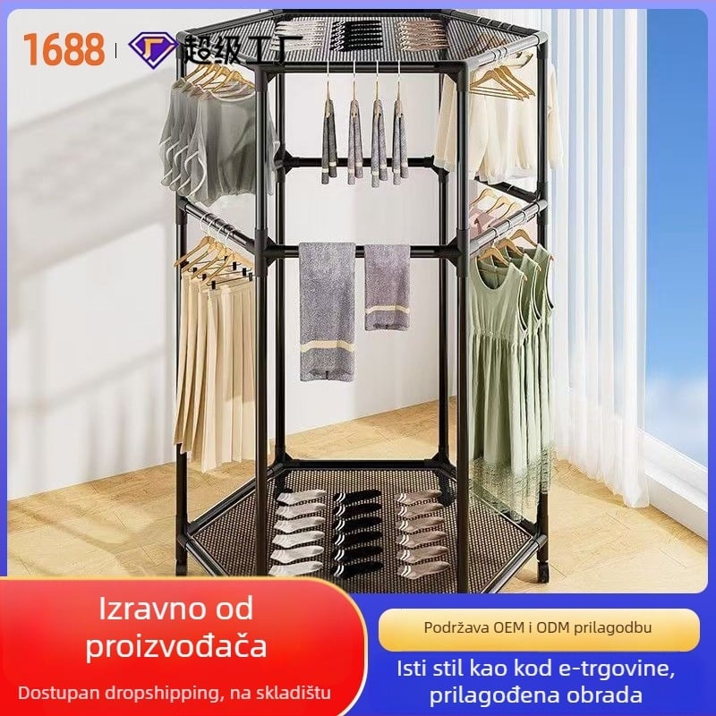 Podni sušilac za odjeću s šesterokutnim dizajnom s 16 cijevi, mobilan s kotačićima, rotirajući, s mrežom za sušenje