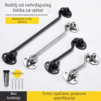 Nerđajući čelični prozorski kukica – model Window Wind Hook, Materijal: nehrđajući čelik, Završna obrada: polirano elektroplatiranje, Namjena: vrata/ prozor brava, Marke: Three Cats