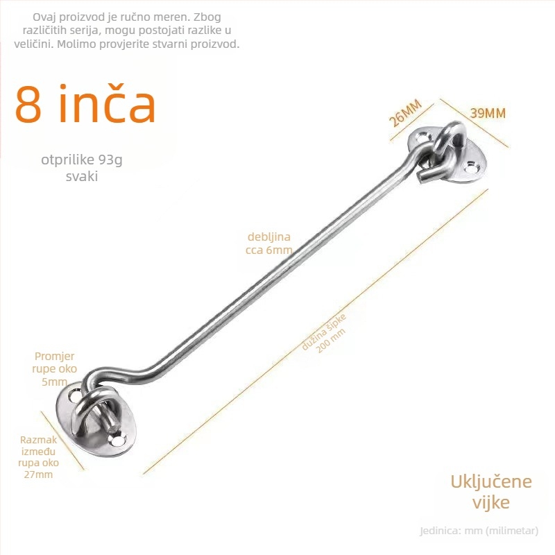 Nerđajući čelični prozorski kukica – model Window Wind Hook, Materijal: nehrđajući čelik, Završna obrada: polirano elektroplatiranje, Namjena: vrata/ prozor brava, Marke: Three Cats