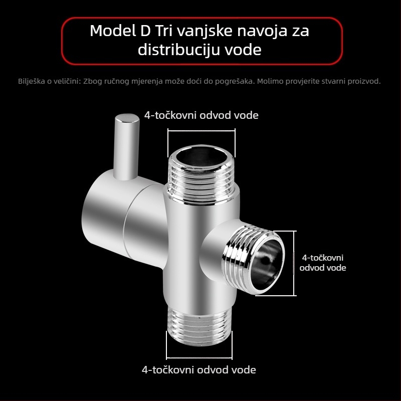 Dijelnik vode za tuš, bakreni, kromirani, 3-uzdužni Tee adapter, 20 mm grana, maksimalna temperatura 120°C
