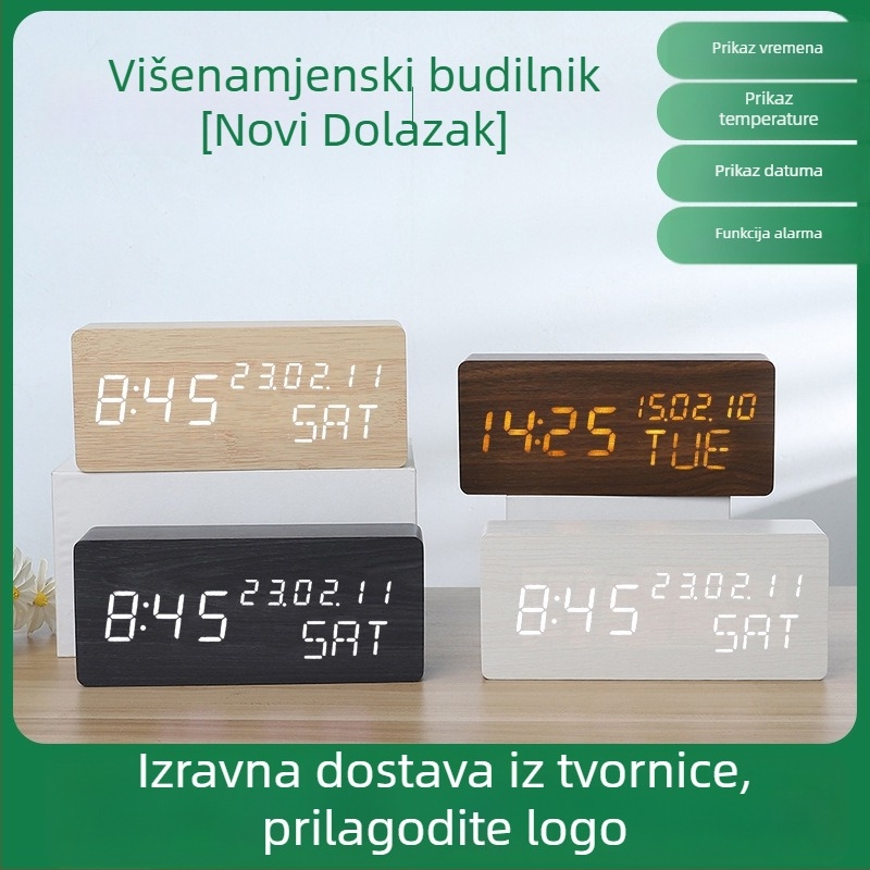 Drveni budilnik s LED zaslonom, tiho kvarcno kretanje, termometar, vlaga i kalendar