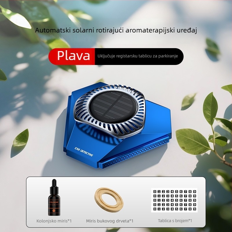 Auto aromaterapijski držač parfema sa senzorom svjetla i solarno napajanje, površina vakuumski premaz + PC, 10–20 ml, mirisi cvjetni/kolonijalni, isparavanje 16–30 dana