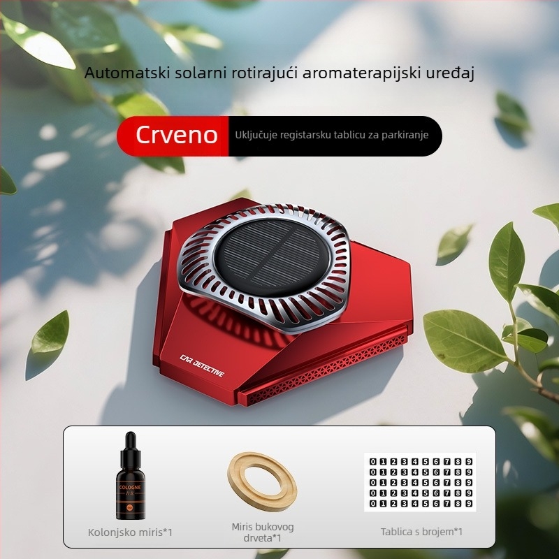 Auto aromaterapijski držač parfema sa senzorom svjetla i solarno napajanje, površina vakuumski premaz + PC, 10–20 ml, mirisi cvjetni/kolonijalni, isparavanje 16–30 dana