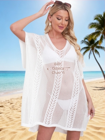 Plažni cover-up od pletenog prozračnog uzorka, zaštita od sunca za žene za bikini; 100% poliester; podstava: poliester; težina 350 g; pogodno za plivanje i vodene aktivnosti; dob 18–45
