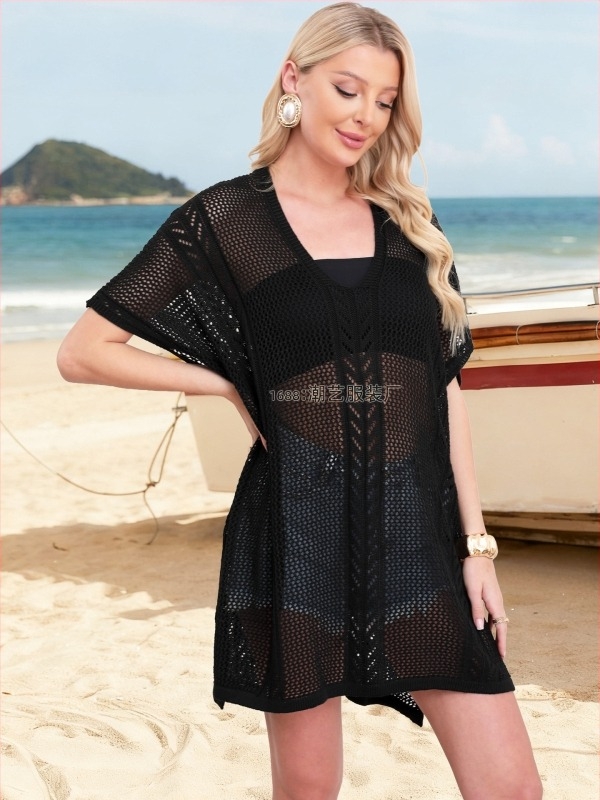 Plažni cover-up od pletenog prozračnog uzorka, zaštita od sunca za žene za bikini; 100% poliester; podstava: poliester; težina 350 g; pogodno za plivanje i vodene aktivnosti; dob 18–45