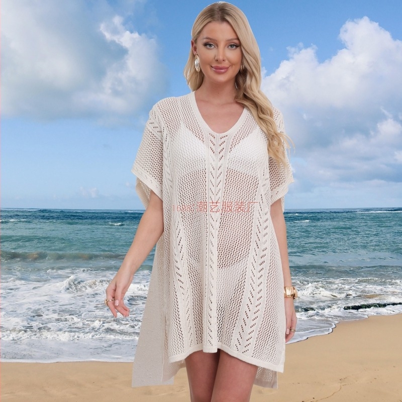 Plažni cover-up od pletenog prozračnog uzorka, zaštita od sunca za žene za bikini; 100% poliester; podstava: poliester; težina 350 g; pogodno za plivanje i vodene aktivnosti; dob 18–45