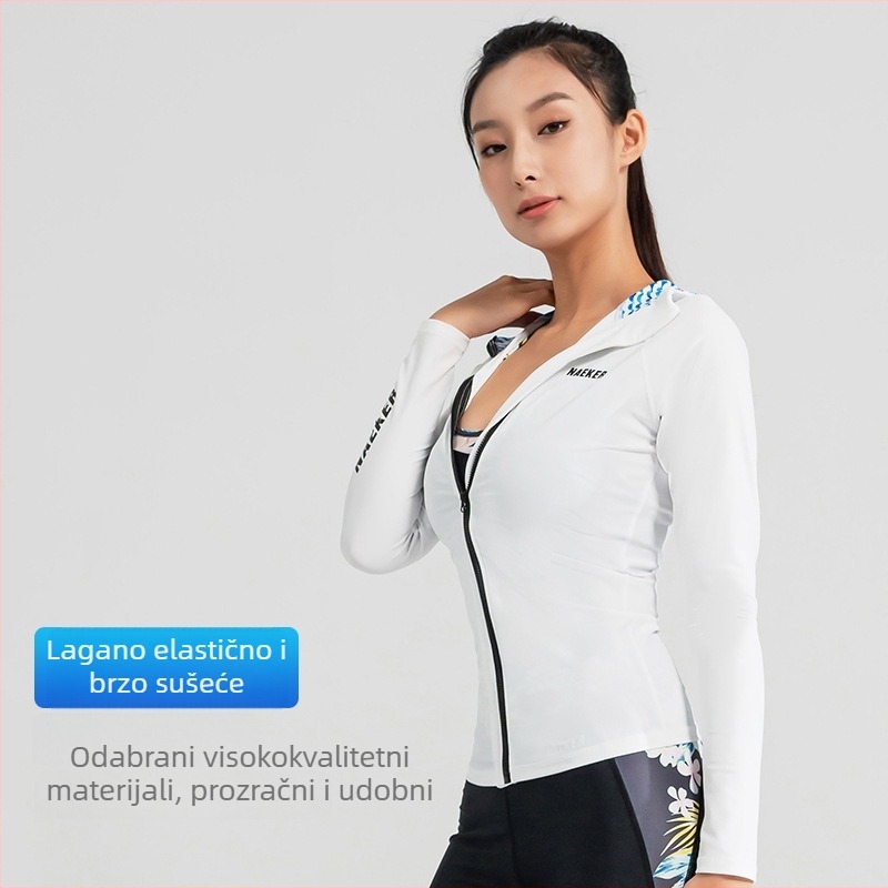 Ženski kupaći kostim s kapuljačom i rajsferšlusom, brzo suši – 82% najlon / 18% spandex, podstava 82/18, pogodan za plivanje, surfanje i fitness