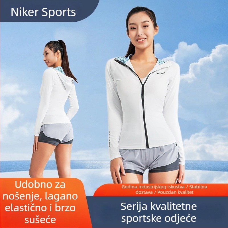 Ženski kupaći kostim s kapuljačom i rajsferšlusom, brzo suši – 82% najlon / 18% spandex, podstava 82/18, pogodan za plivanje, surfanje i fitness