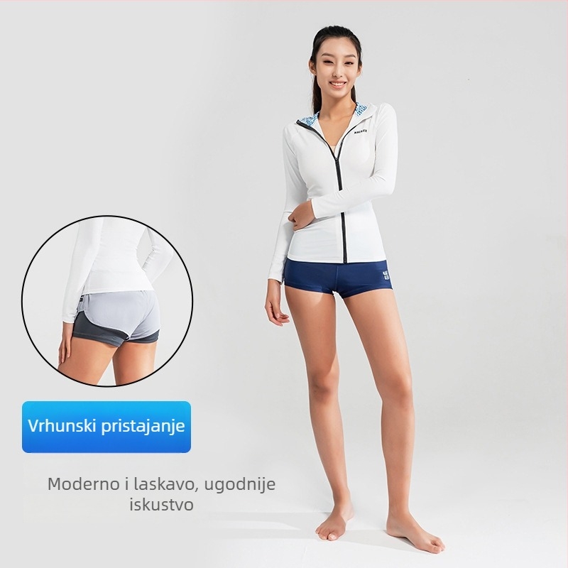 Ženski kupaći kostim s kapuljačom i rajsferšlusom, brzo suši – 82% najlon / 18% spandex, podstava 82/18, pogodan za plivanje, surfanje i fitness