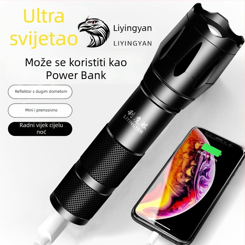 LED svjetiljka s power bankom za punjenje mobitela, ultra jaka, domet 200–500 m, 1600 mAh, 15 W, ručna generacija