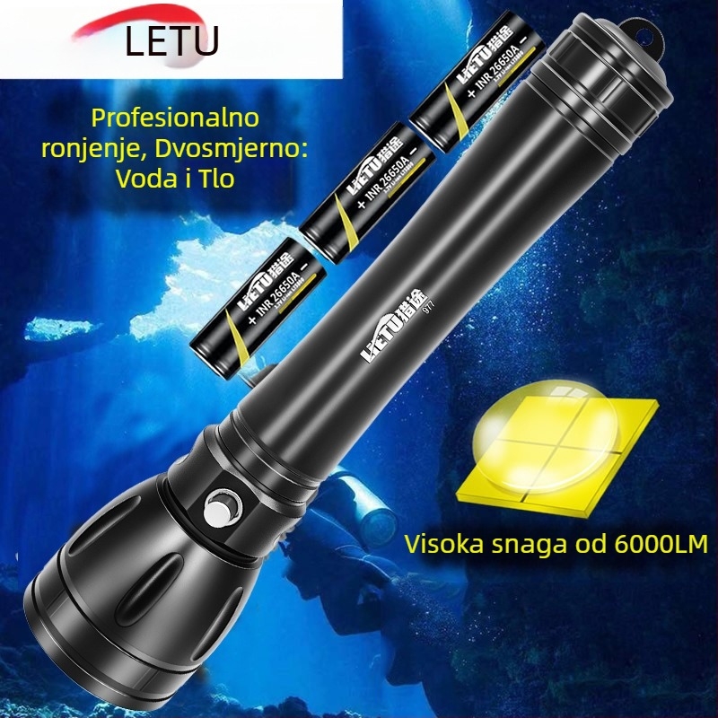 Potapljačka svjetiljka – kućište od aluminijske legure, LED izvor svjetla, baterija 7200 mAh, domet do 500 m, višefunkcionalna