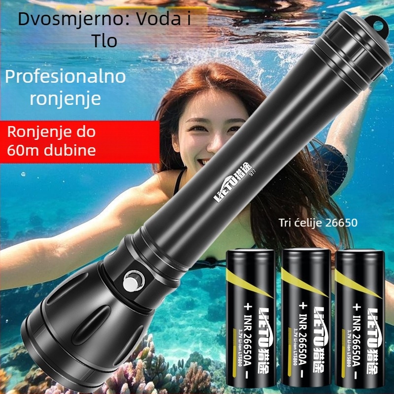 Potapljačka svjetiljka – kućište od aluminijske legure, LED izvor svjetla, baterija 7200 mAh, domet do 500 m, višefunkcionalna