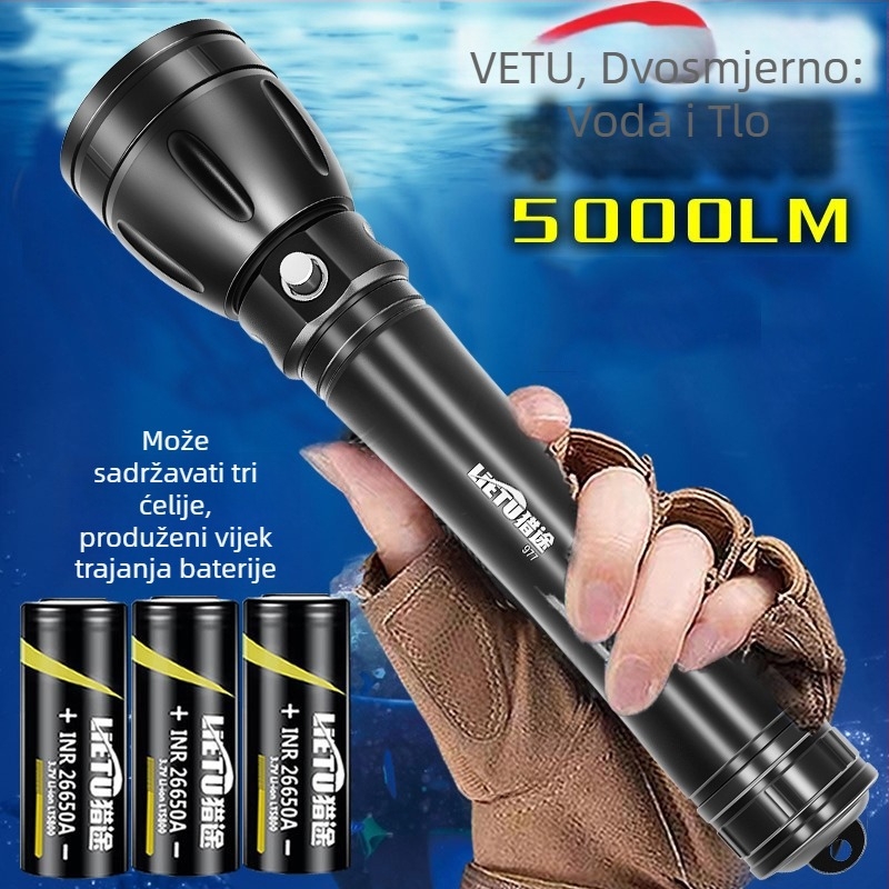 Potapljačka svjetiljka – kućište od aluminijske legure, LED izvor svjetla, baterija 7200 mAh, domet do 500 m, višefunkcionalna