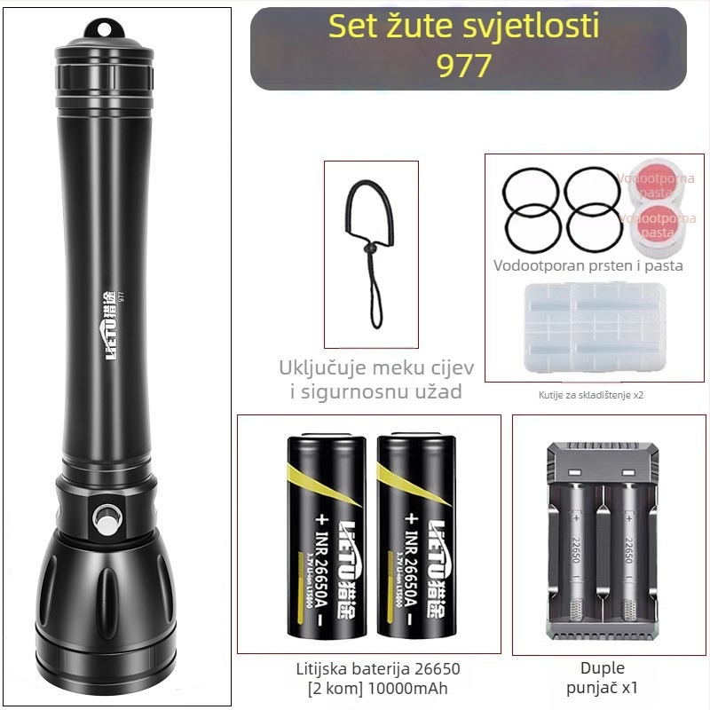 Potapljačka svjetiljka – kućište od aluminijske legure, LED izvor svjetla, baterija 7200 mAh, domet do 500 m, višefunkcionalna