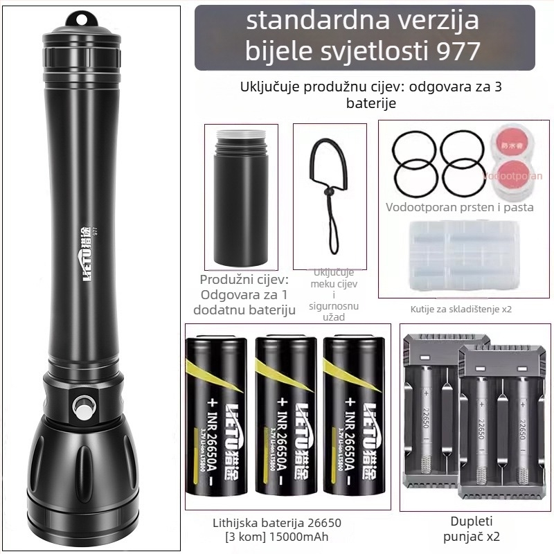 Potapljačka svjetiljka – kućište od aluminijske legure, LED izvor svjetla, baterija 7200 mAh, domet do 500 m, višefunkcionalna