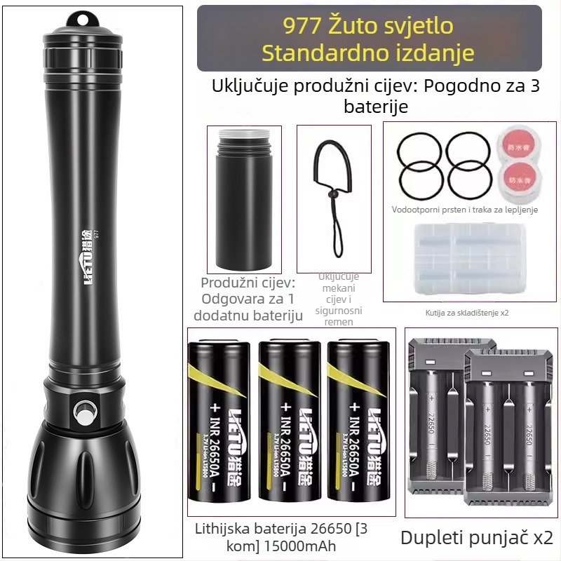 Potapljačka svjetiljka – kućište od aluminijske legure, LED izvor svjetla, baterija 7200 mAh, domet do 500 m, višefunkcionalna