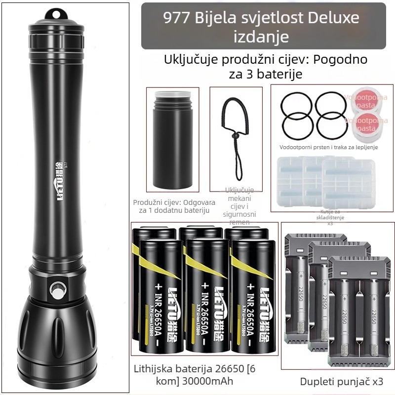 Potapljačka svjetiljka – kućište od aluminijske legure, LED izvor svjetla, baterija 7200 mAh, domet do 500 m, višefunkcionalna
