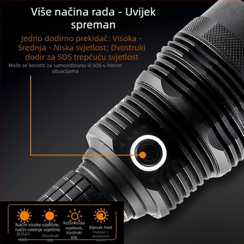 Baterijska svjetiljka od aluminijske legure s zaslonom napajanja, USB punjenje, SST40 LED, domet ≥500 m