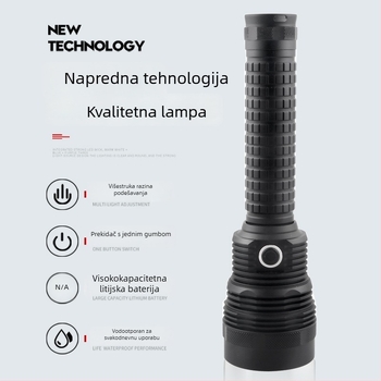 Baterijska svjetiljka od aluminijske legure s zaslonom napajanja, USB punjenje, SST40 LED, domet ≥500 m