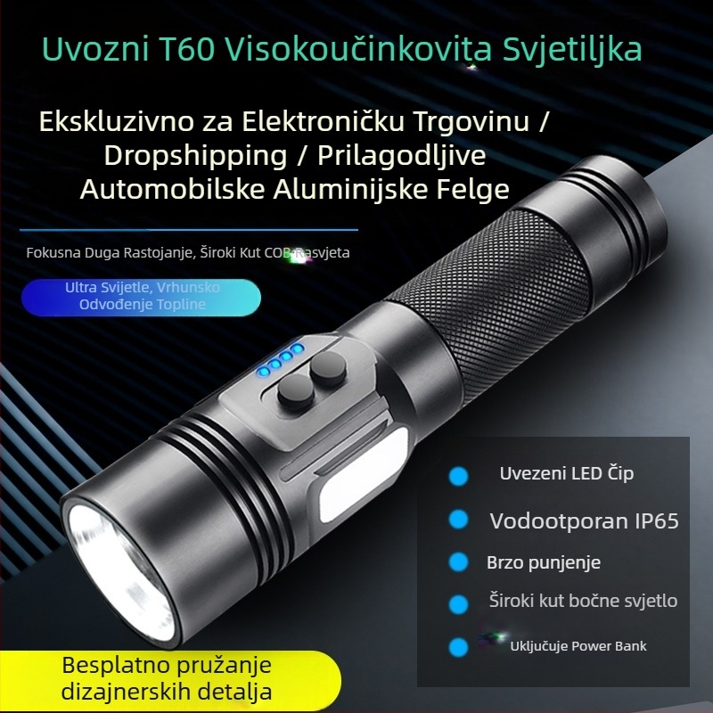 Baterijska svjetiljka od aluminijske legure s zaslonom napajanja, USB punjenje, SST40 LED, domet ≥500 m