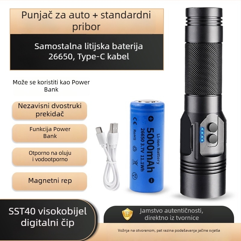 Baterijska svjetiljka od aluminijske legure s zaslonom napajanja, USB punjenje, SST40 LED, domet ≥500 m