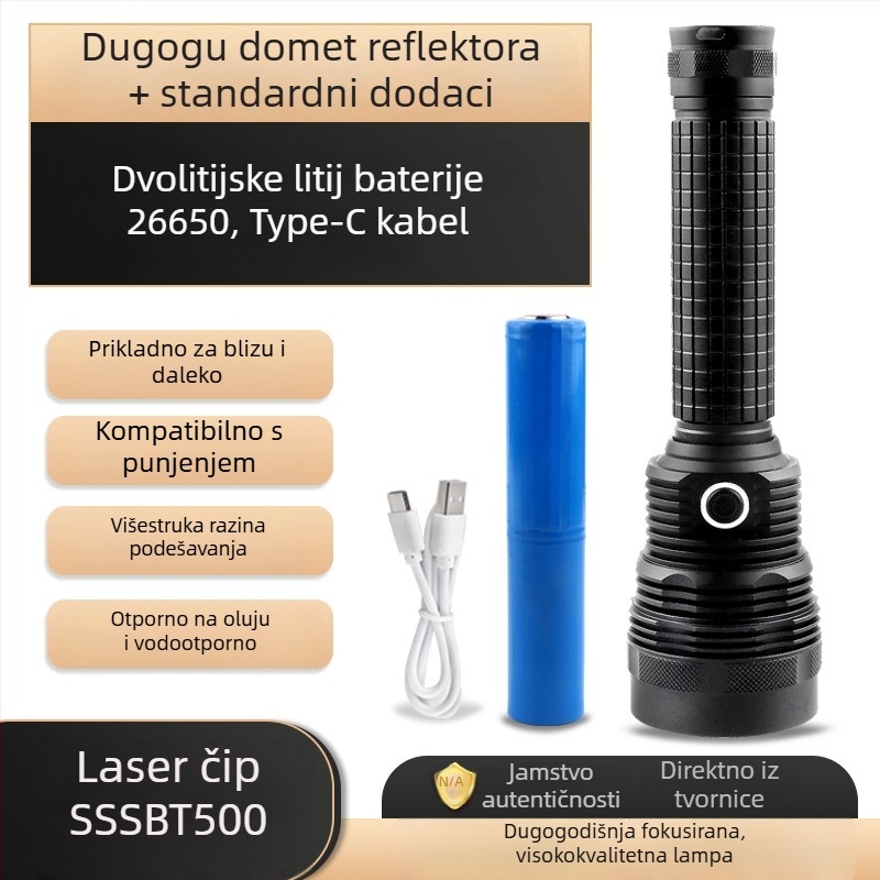Baterijska svjetiljka od aluminijske legure s zaslonom napajanja, USB punjenje, SST40 LED, domet ≥500 m