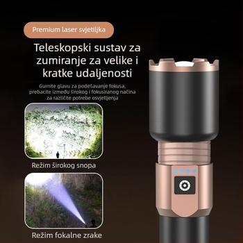 LED baterijska svjetiljka s funkcijom Power Bank, tijelo od aluminijske legure, 4000mAh, 15W, domet 200–500m, 360° rotacija, ručni generator, prenosno vanjsko osvjetljenje