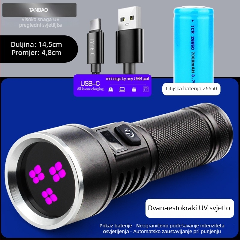 UV identifikacijska svjetiljka visokog kapaciteta s 365 nm za antifalsifikaciju porcelana, aluminijsko kućište, baterija 7000 mAh, domet 50–100 m
