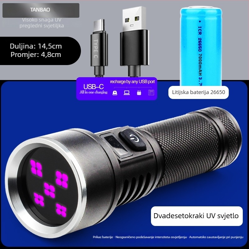 UV identifikacijska svjetiljka visokog kapaciteta s 365 nm za antifalsifikaciju porcelana, aluminijsko kućište, baterija 7000 mAh, domet 50–100 m