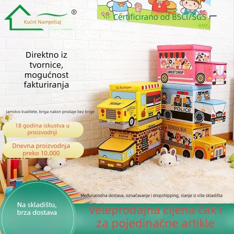 Sjedalo za pohranu igračaka – Crtani stil, Materijal: netkana tkanina, Kapacitet 50 L, Nosivost 120 kg, Pravokutni oblik